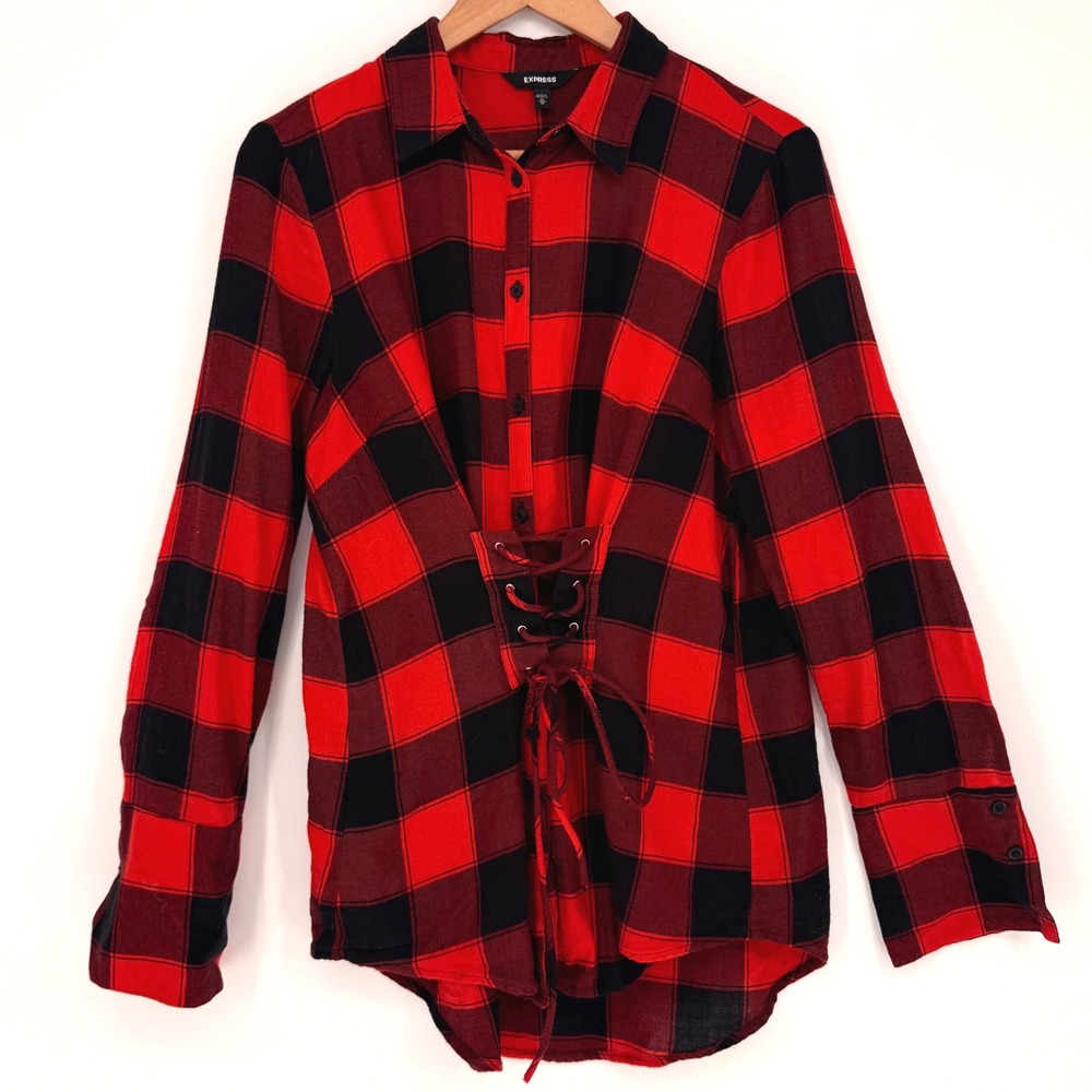 Cabincore Red Black‎ Buffalo Plaid Lace Up Corset Flannel Shirt Tumblr Grunge
